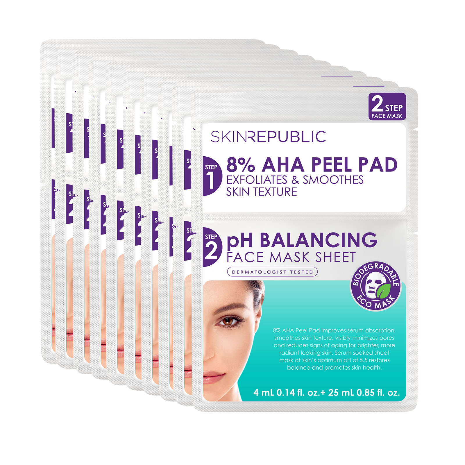 10 Pack 2 Step 8% AHA Peel Pad + pH Balancing Face Mask